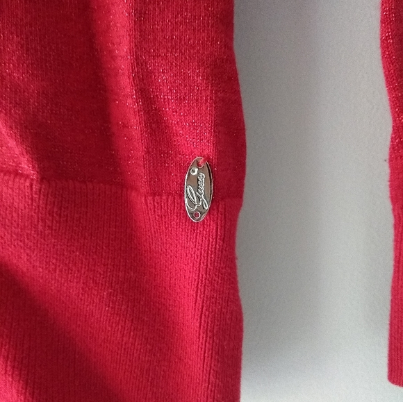 Guess Red Deep V-Neck Sweater, Wide Red Glittery Metallic Stripes, Medium - Picture 8 of 9